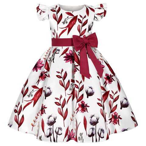 Foreign Trade Hot New Small Flying Sleeve Girl Dress Bow Print Princess Birthday Party Clothing
