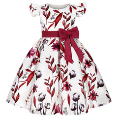 Foreign Trade Hot New Small Flying Sleeve Girl Dress Bow Print Princess Birthday Party Clothing
