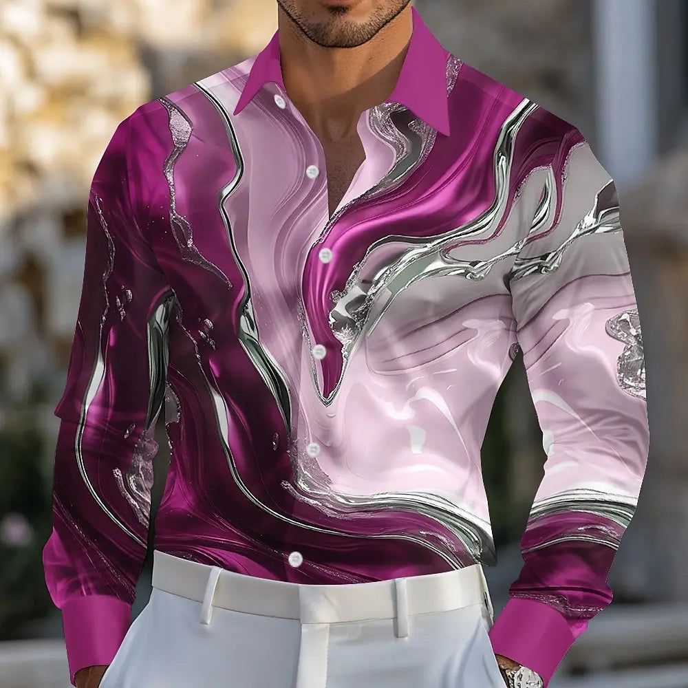 Mens Marble Abstract Liquid Art Formal Shirt Long Sleeve Fashion Casual