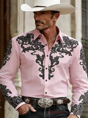 Men's Western Cowboy Style Fashion Print Long-Sleeve Shirt, Retro Lapel Slim Fit, Outdoor Casual Shirt, Sizes XS-6XL, 21 Colors