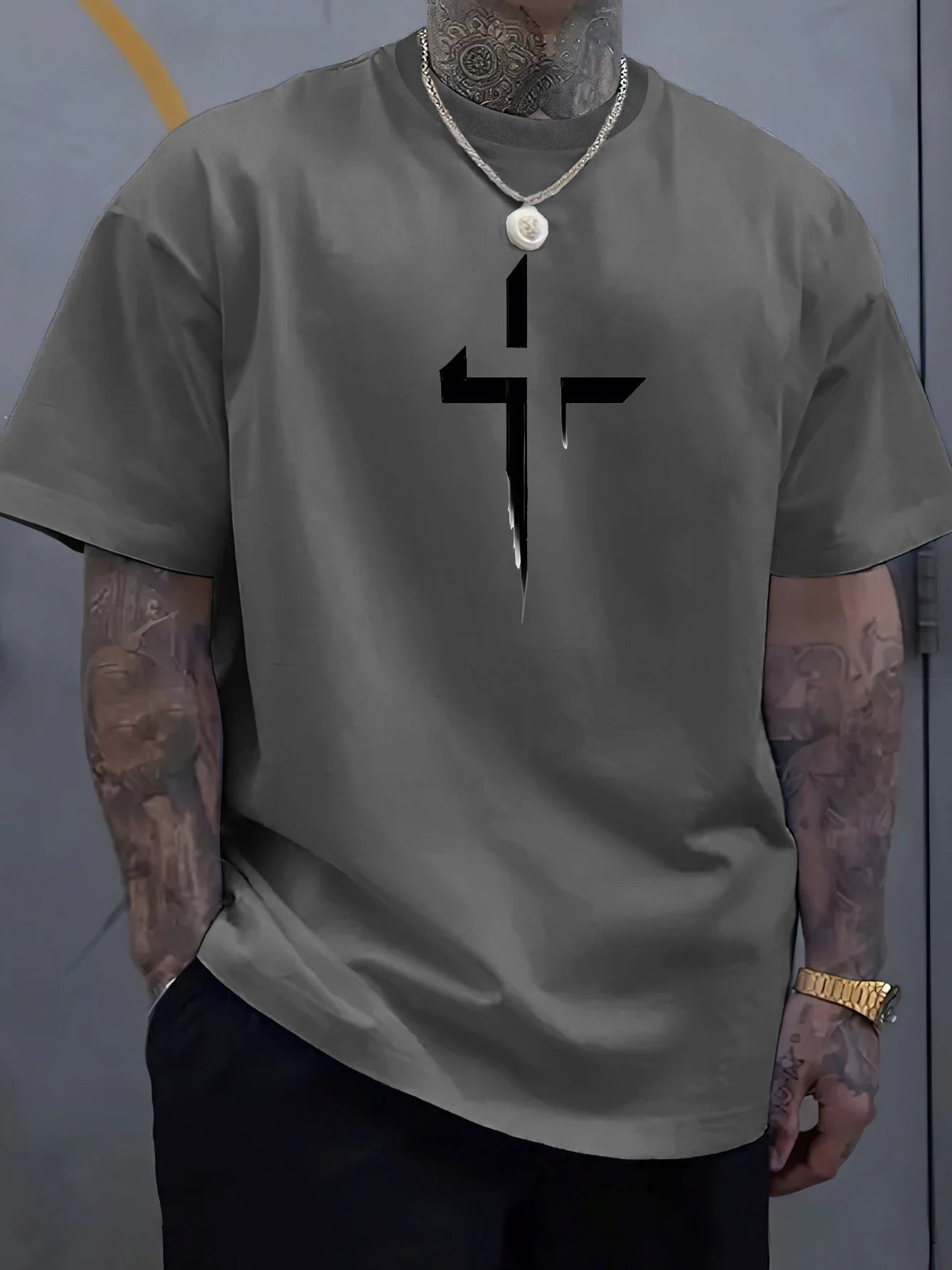 Summer men's 100% pure cotton casual loose plus size Cross Creative printed sports