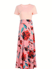 Retro Elegant Commuter Style Polka Dot High Waist  Flower Print Color Matching Short Sleeved Dress