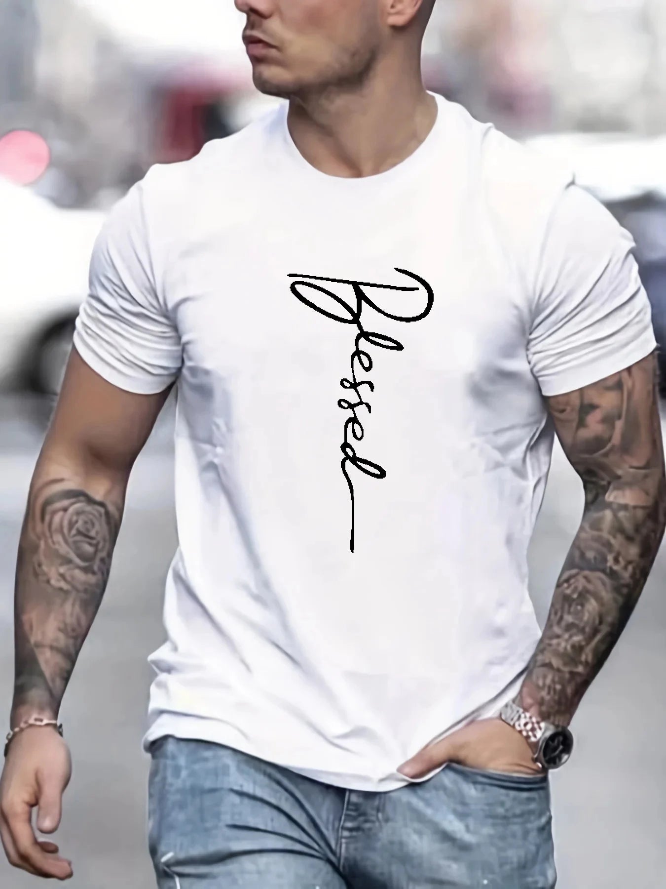 Men's summer loose fit oversized Blessed printed slim fit casual sports round neck short sleeve