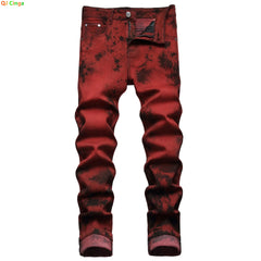 Men's White Jeans in Asian Sizes; Blue-Red-Green-Purple Printed Stretch Denim Pants; Stylish Slim-fit Trousers.