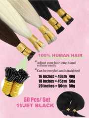 I Tip Hair Extensions Real Human Hair 50 Strands Jet Black Straight Pre-Bonded I Tip Hair Extensions Add Hair Length&Volume 50g