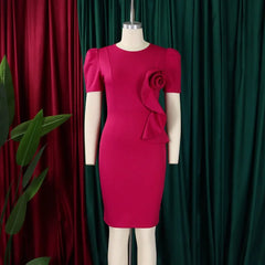 Casual Basic Women's Ruffled 3D Flower Short Sleeve Bodycon Mid Pencil Dress Elegant
