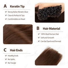 K Tip Hair Extensions Human Hair Keratin Pre Bonded Hot Fusion Nail Tip Balayage Natural Silky Straight Extensions for Women Use