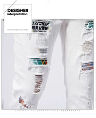 White 97% Cotton Jeans Men Clothing New Ripped Slim Patchwork Fashion Hole Skinny Elasticity Denim Trousers Male Streetwear