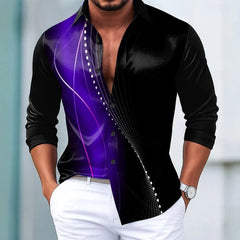 New men's geometric gradient line satin shirt, fashionable casual vacation day wear, lapel 3D printed button up shirt