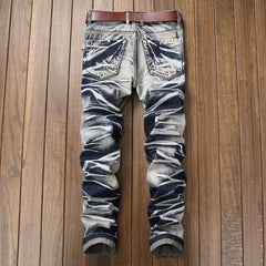 Jeans Men Vintage Distressed Pencil Pants Mid Waist Zipper Pockets Slim Ankle Length Trousers