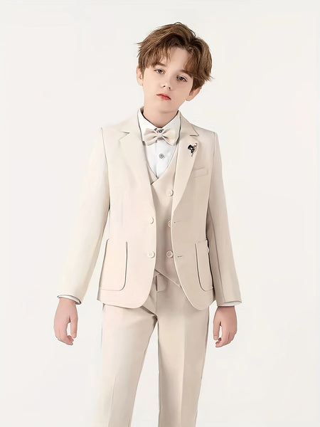 90-170 Teenager Kids Spring Beige 4Pieces/s Jacket Vest Pants Bowtie Wedding Dress Boys Photography Suit Children Host Costume