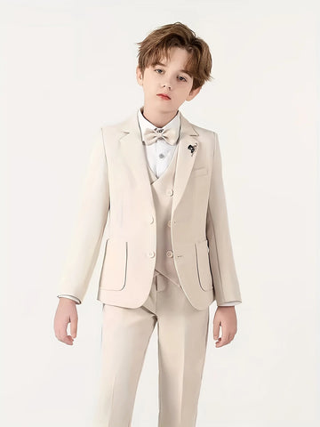 90-170 Teenager Kids Spring Beige 4Pieces/s Jacket Vest Pants Bowtie Wedding Dress Boys Photography Suit Children Host Costume