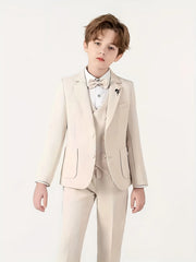 90-170 Teenager Kids Spring Beige 4Pieces/s Jacket Vest Pants Bowtie Wedding Dress Boys Photography Suit Children Host Costume