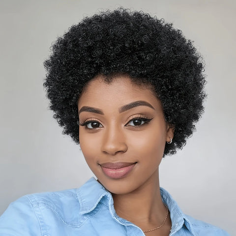 Afro Kinky Curly Wave Wig 150% Density 6Inch Pixie Cut Afro Kinky Curly Human Hair Wig for Women Full Machine Made Wig