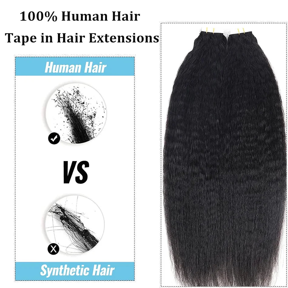 Tape In Kinky Straight Human Hair Extensions Brazilian Hair Adhesive Extensions Skin Weft Black 100% Real Human Hair for Women