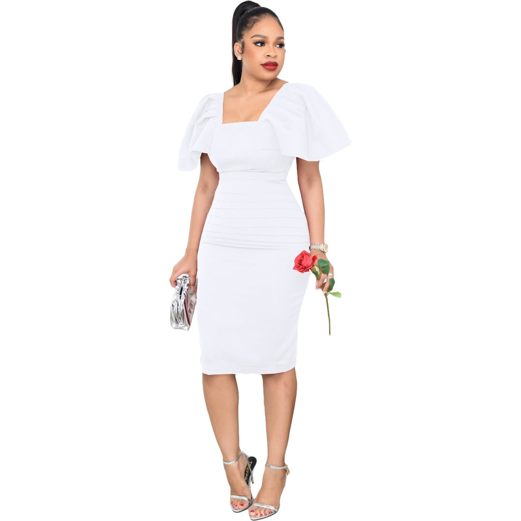 Summer Ruffle Work Dress Women Casual Solid Butterfly Short Sleeve Square Collar Tight Waist Bodycon Party Business Midi Dress