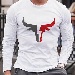 Men's 100% pure cotton loose fit plus size comfortable casual sports bull pattern printed round neck long sleeved T-shirt top