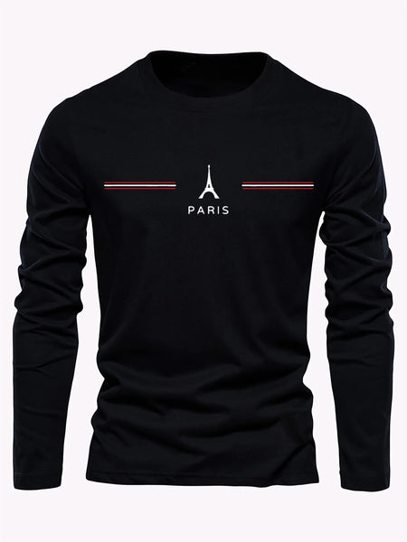 Men's 100% pure cotton loose fit plus size comfortable casual sports Paris letter printed round neck long sleeved T-shirt top