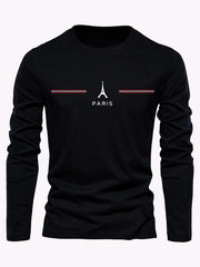 Men's 100% pure cotton loose fit plus size comfortable casual sports Paris letter printed round neck long sleeved T-shirt top