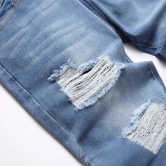 Pencil Pants Men Hole Jeans Mid Waist Skinny Pockets Vintage Ripped