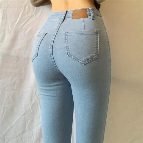 High Waist plus Size Denim Jeans Women's Tight Fit Butt Enhancing Pencil Pants New Arrival Light Blue Casual Long Trousers