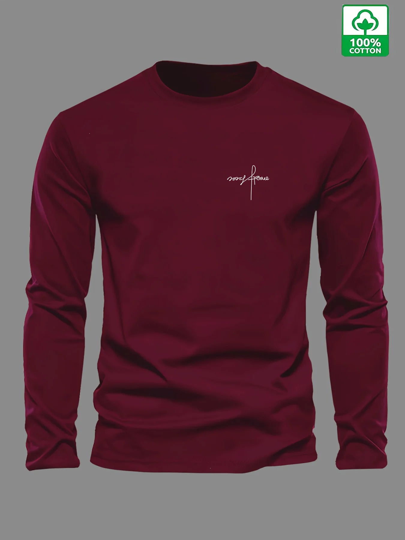 Men's 100% pure cotton loose and comfortable sports and leisure letter printed round neck long sleeved T-shirt top