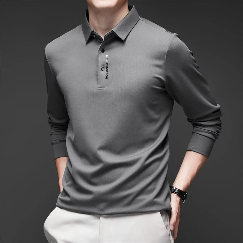 New Men's Business Casual Long Sleeved Shirt with Badge Solid Color Polo Shirt