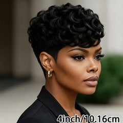 Curly Pixie Cut Wig For Women 100% Human Hair Full Machine-Made Natural Realistic Breathable Rose-Patterned Inner Net Soft Cap