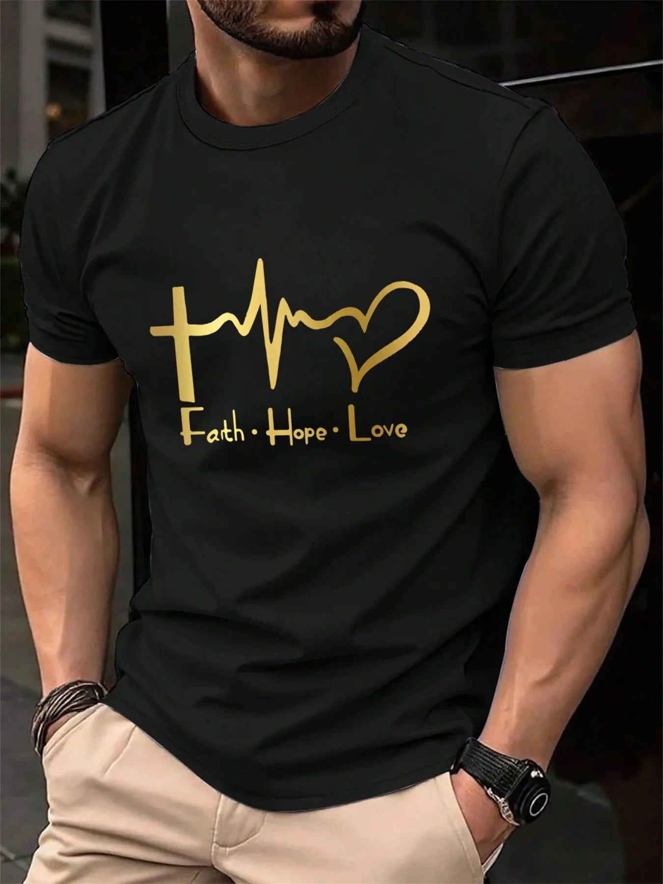 Men's Summer polyester Fashionable Casual Loose Large Size FAITH HOPE LOVE Sports Rd Neck Short Sleeve T-shirt Top