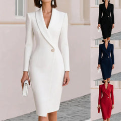 Elegant Women BlazerMidi Dress V Neck Lapel Collar Long Sleeve Shoulder Pad Single Button Slim Bodycons