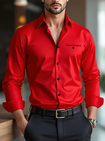 New Simple Texture Solid Color Red Shirt 3D Printed Men's Long Sleeve Daily Workplace Matching Top Shirt