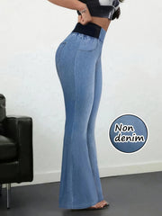 Women's Imitation Denim Flared Jeans, High Waist Stretchy Leggings Booty Lifting Casual Pants Trousers