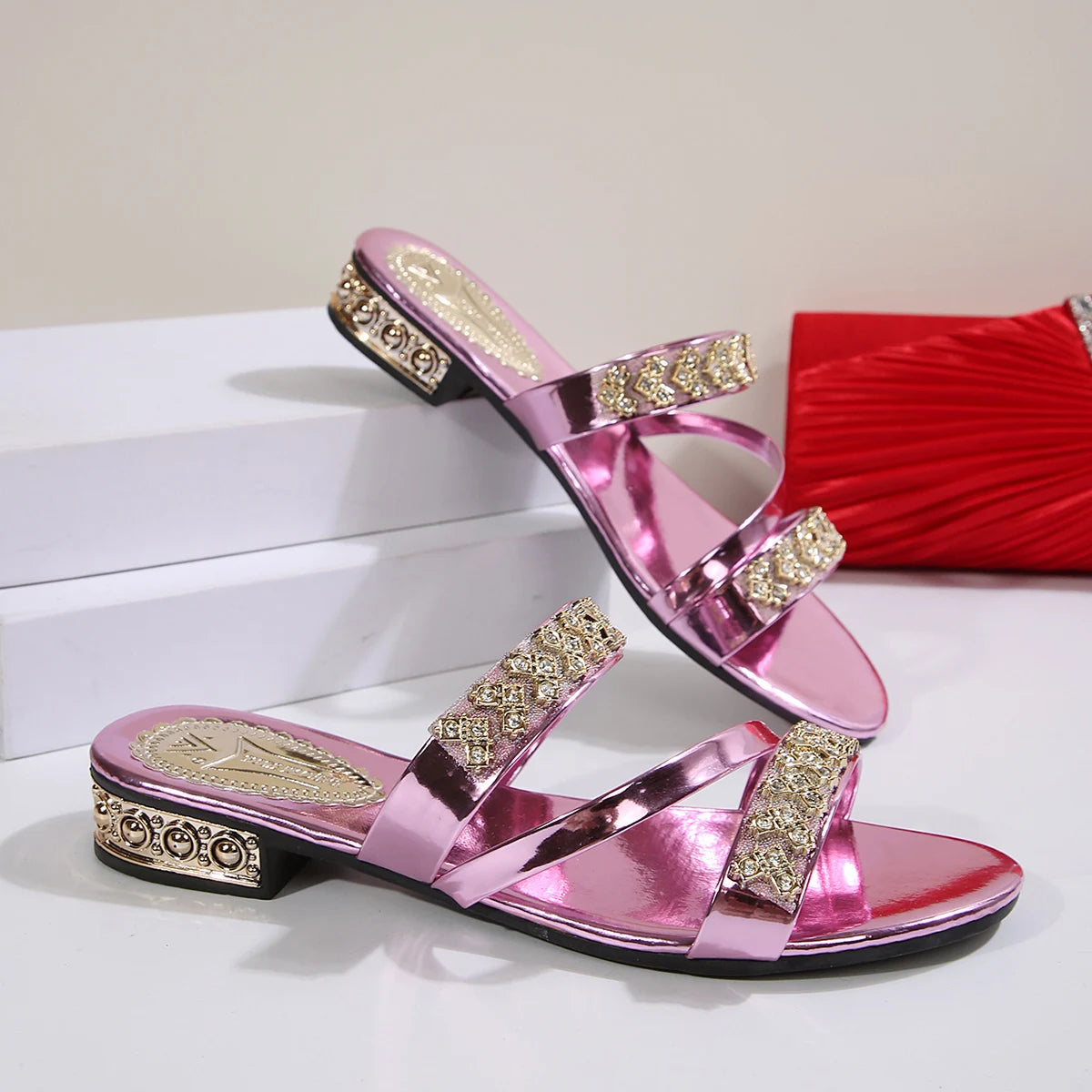 Summer New Women Slippers Medium Heel Thick Heel Slippers Open Toe High Heel Rhinestones Shoes Lightweight Sandals Slides Women