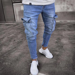 New Men's Slim Fit Stretch Jeans Casual Fashion Multi Pocket Cargo Denim Pants High  Jeans Work Hip Hop