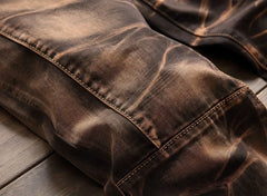 Jeans Men Vintage Distressed Pencil Pants Mid Waist Zipper Pockets Slim Ankle Length Trousers