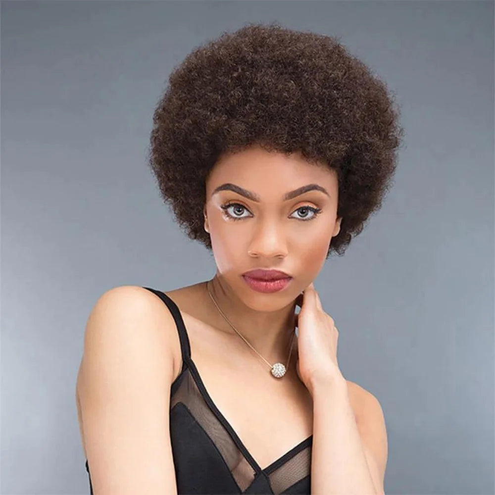 Afro Kinky Curly Human Hair Wigs 6/8 Inch Machine Made Wigs for Women - Fluffy Natural Looking Pixie Cut Wigs