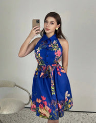 Tropical Print Halter Neck Dress, Vacation Style Backless Dress For Spring & Summer, Women Clothing Women Dress Summer Slimming