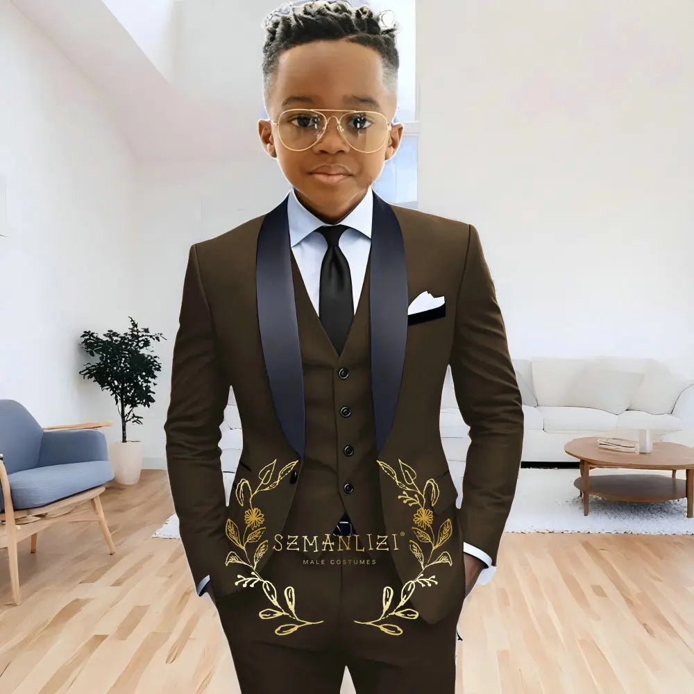 Formal Navy Blue Boys Suit Jacket Pants Vest 3 Piece Set Shawl Lapel Blazer for Kids Wedding Tuxedo Suits