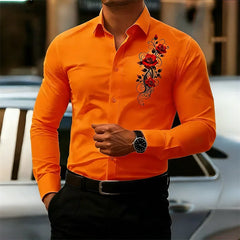 Men's Long-Sleeved Shirt, Featuring a Vintage Red Rose Print Design. A Stylish