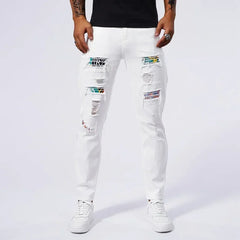 White 97% Cotton Jeans Men Clothing New Ripped Slim Patchwork Fashion Hole Skinny Elasticity Denim Trousers Male Streetwear