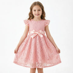Charming Kids Piano Dress – Lace Solid Color with Belt, Elegant Wedding Performance Dress for Girls 3-10 Years