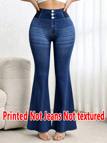 [Printed Pants - Not Faux Denim Fabric]2D Printed Faux Effect, Printed Flared Trousers - ,