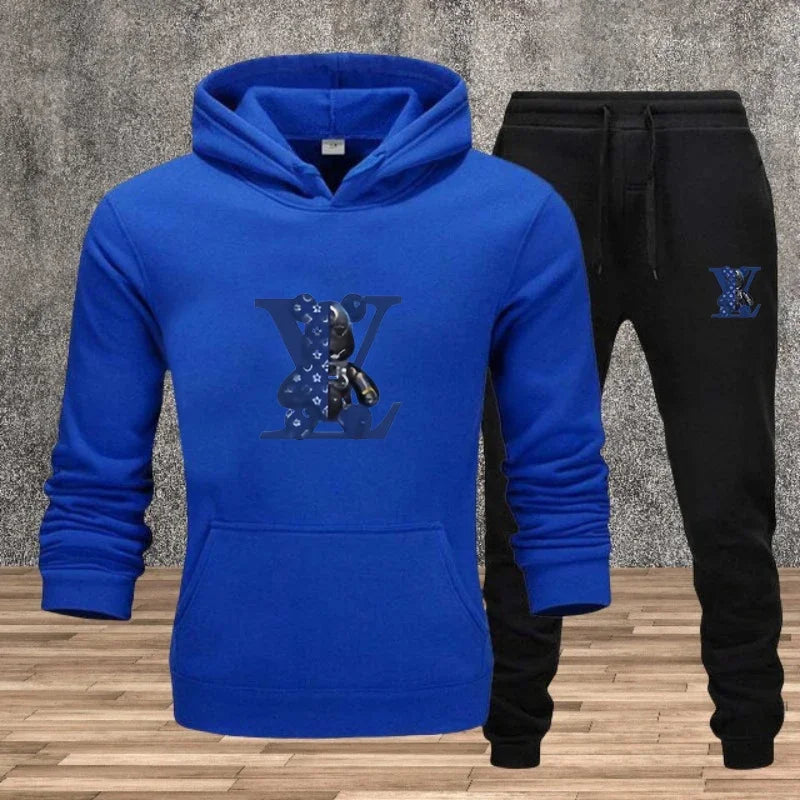 Men's hooded pullover + sweatpants fitness set for autumn and winter, casual jogging two-piece set