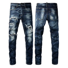Washed and Made Old Cat Whisker Patch Ripped Elastic Slim Pants Ink Splashing Jeans for Men