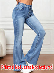 1578 [Printed Pants - Not Faux Denim Fabric]2D Printed Faux Effect, Printed Flared Trousers - Non-Faux Denim