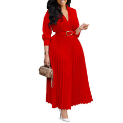 Elegant V Neck Lace-up Belted Party Dresses Women Spring Pleated Dress Autumn Three Quarter Sleeves Office Lady Dress Vestidos