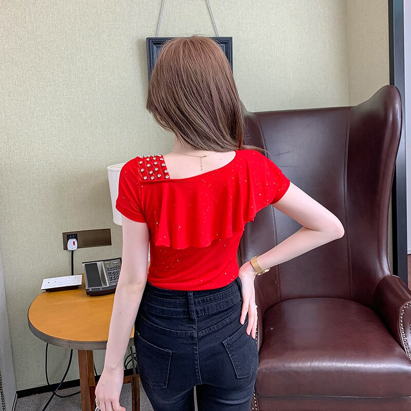 Summer 2022 Mesh T-Shirt Women Handmade Diamonds Ruffles Women Tops Tees Slim Sexy Oblique Collar Short Sleeve New T26201