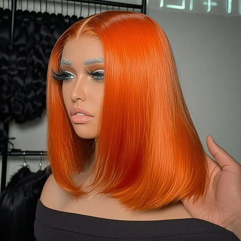 Ginger Orange Bone Straight Short Bob HD Transparent 13x4 Lace Front Human Hair Wig Brazilian 250% Colored Lace Frontal Bob Wigs