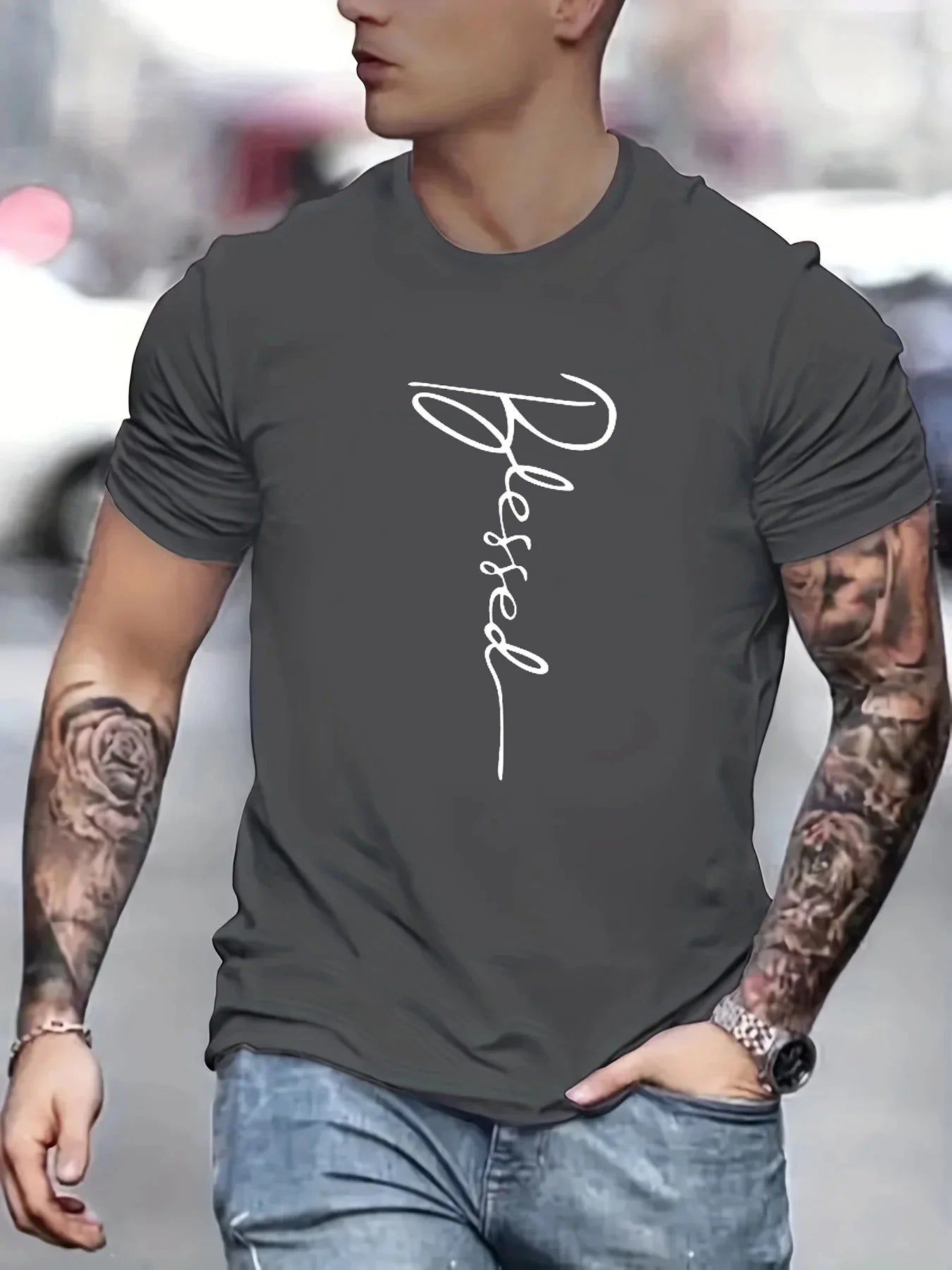 Men's summer loose fit oversized Blessed printed slim fit casual sports round neck short sleeve