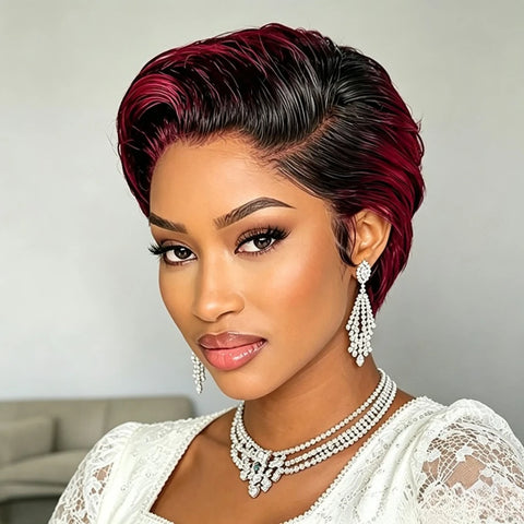 Ombre Colored Wig 13x4 Transparent Lace Frontal Wig Human Hair Straight Wig Pixie Cut Wig 150% Density
